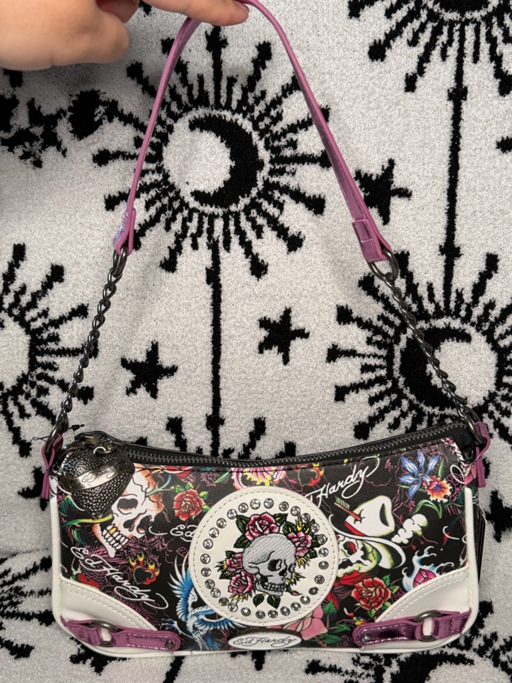 Ed Hardy Purple & White All Over Graphic Print Bag with Embroidered Skull